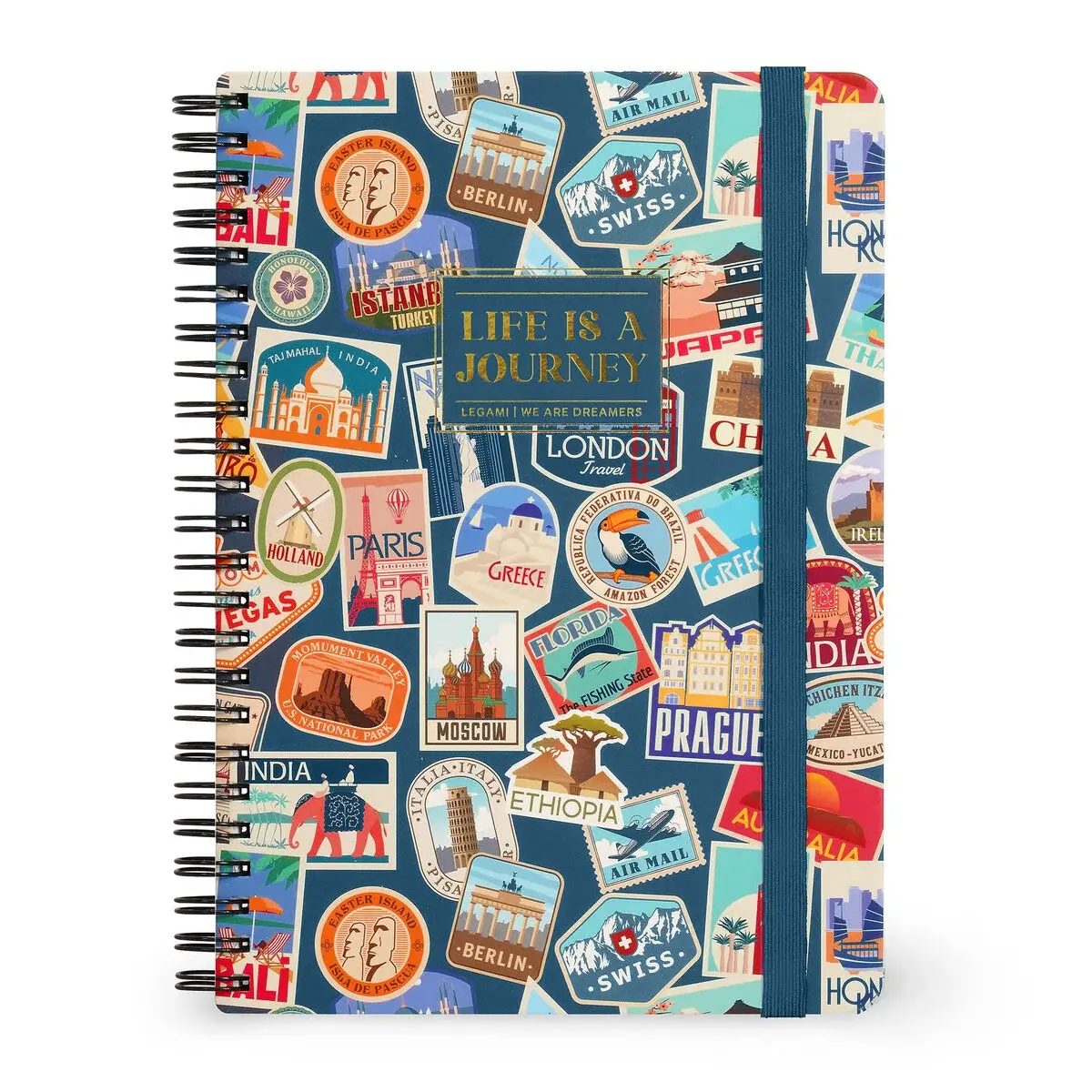 LEGAMI Lined Spiral-Bound Notebook - Spiral Notebook - Large - Travel Stickers