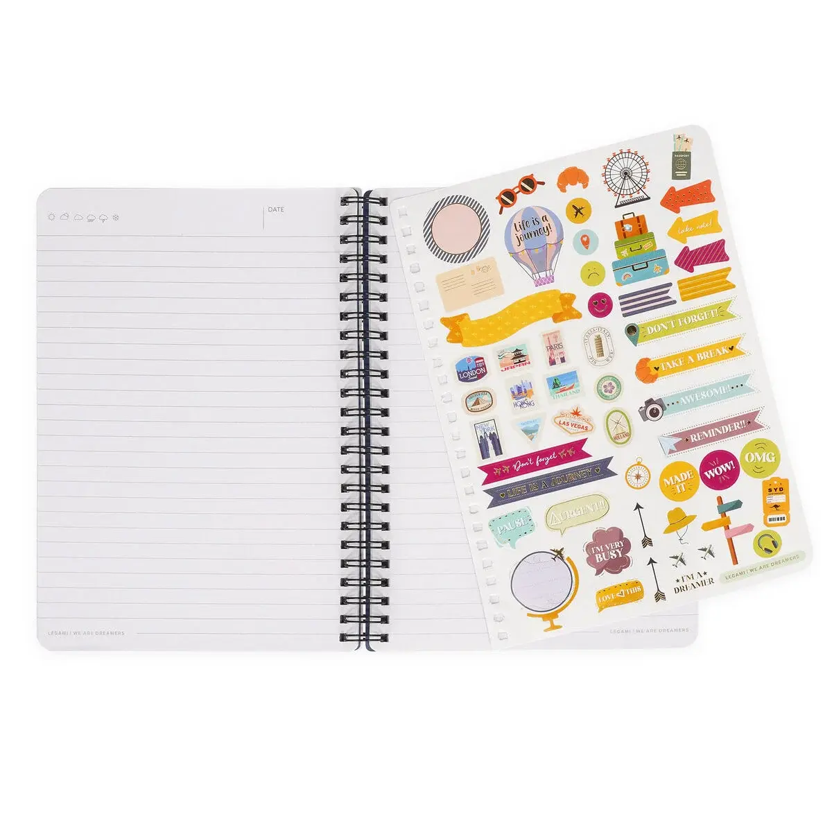 LEGAMI Lined Spiral-Bound Notebook - Spiral Notebook - Large - Travel Stickers