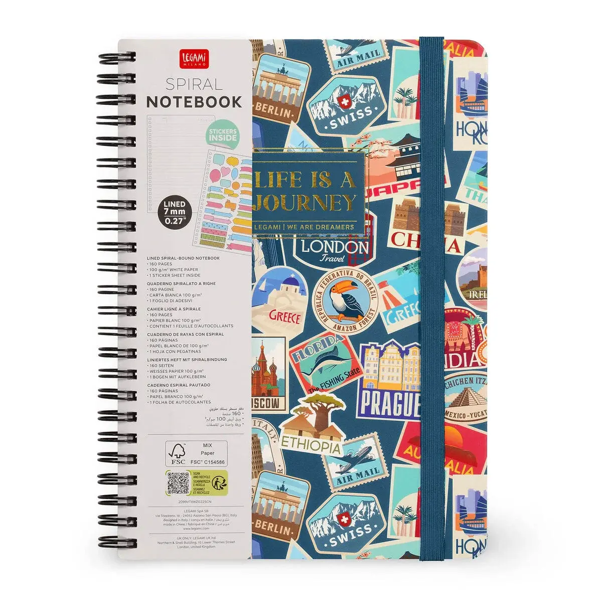 LEGAMI Lined Spiral-Bound Notebook - Spiral Notebook - Large - Travel Stickers