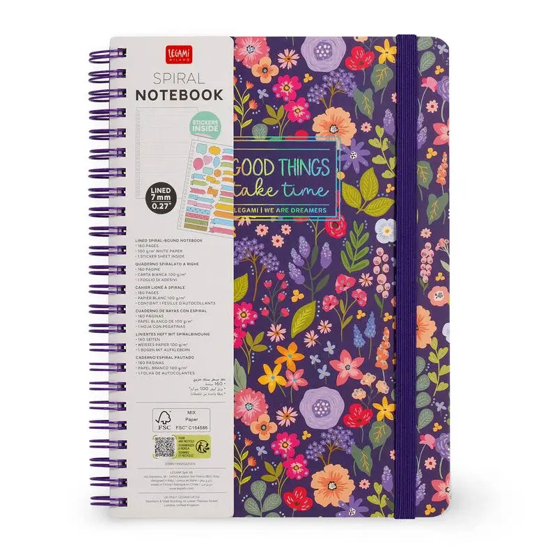 LEGAMI Lined Spiral- Bound Notepad - Spiral Notebook - Large - Flowers