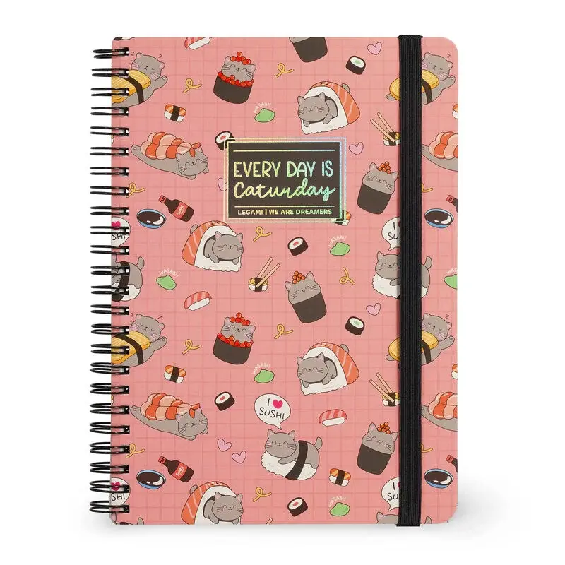 LEGAMI Lined Spiral- Bound Notepad - Spiral Notebook - Large - Sushi Cat
