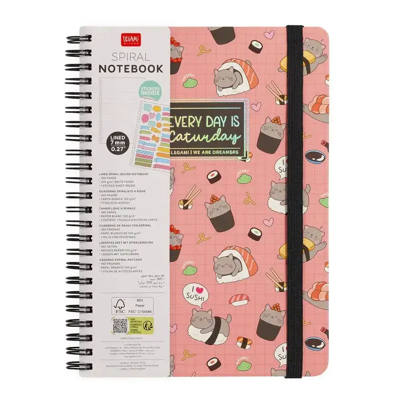 LEGAMI Lined Spiral- Bound Notepad - Spiral Notebook - Large - Sushi Cat