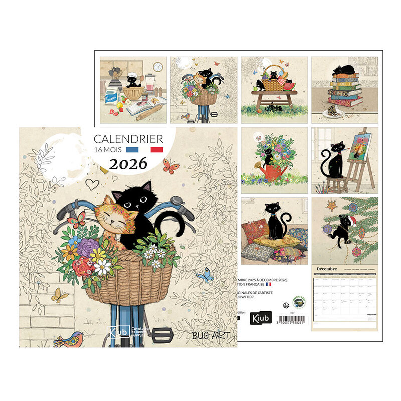 KIUB Calendrier Classique 16 Mois 2026 Bug Art Chats