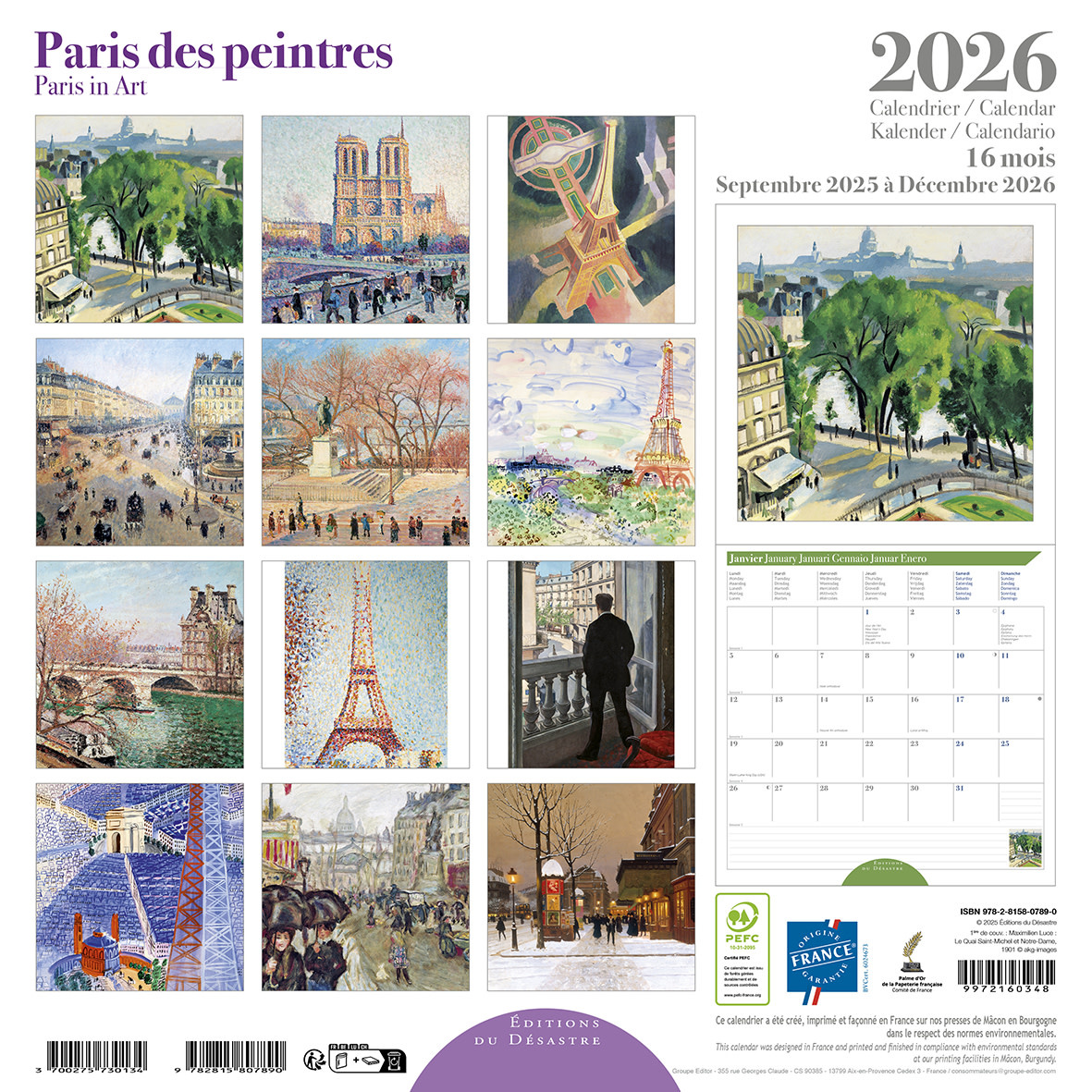 EDITIONS DU DESASTRE Calendrier 30x30cm 16 mois 2025-2026 Paris Des Peintres