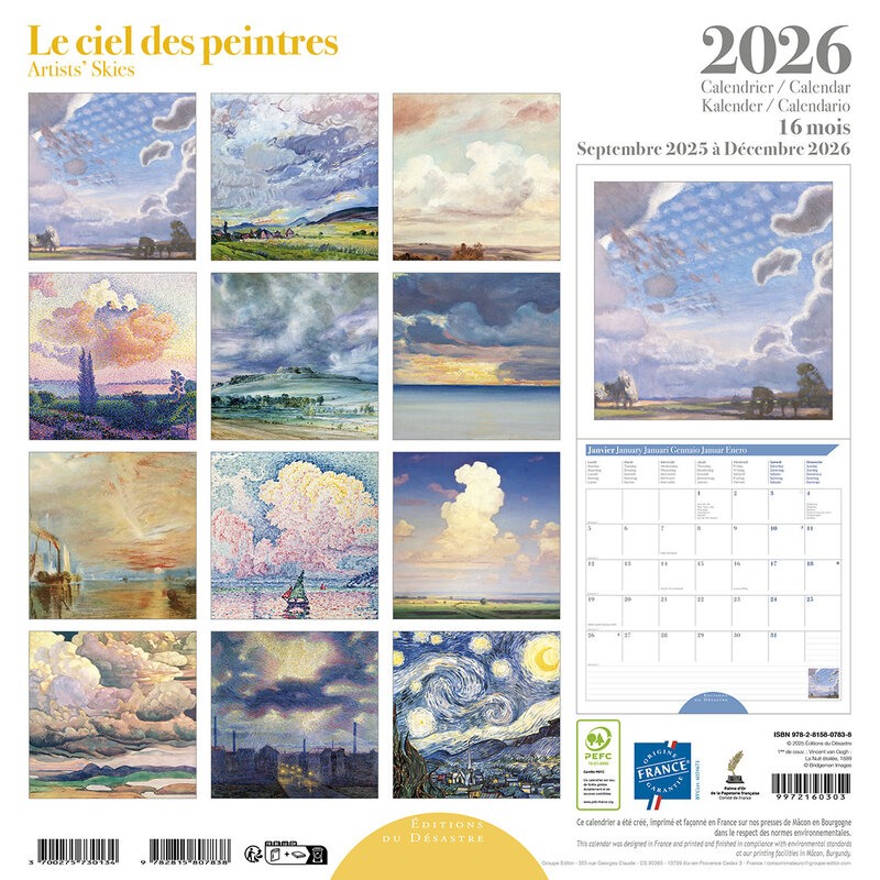 EDITIONS DU DESASTRE Calendrier 30x30cm 16 mois 2025-2026 Le Ciel Des Peintres