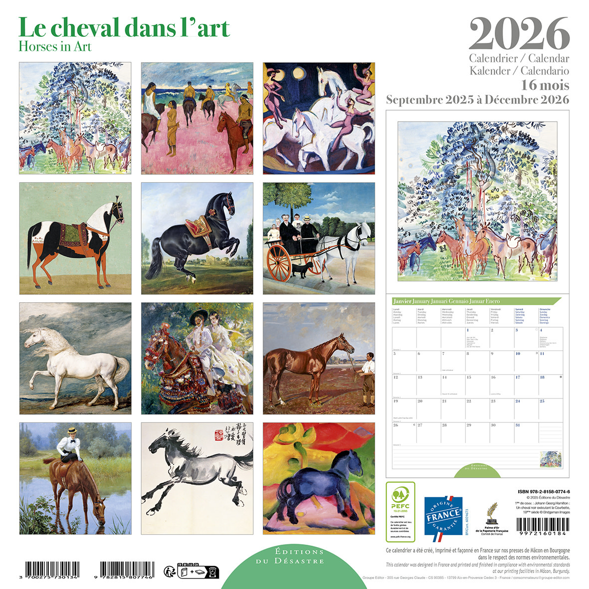 EDITIONS DU DESASTRE Calendrier 30x30cm 16 mois 2025-2026 Le Cheval Dans L'Art