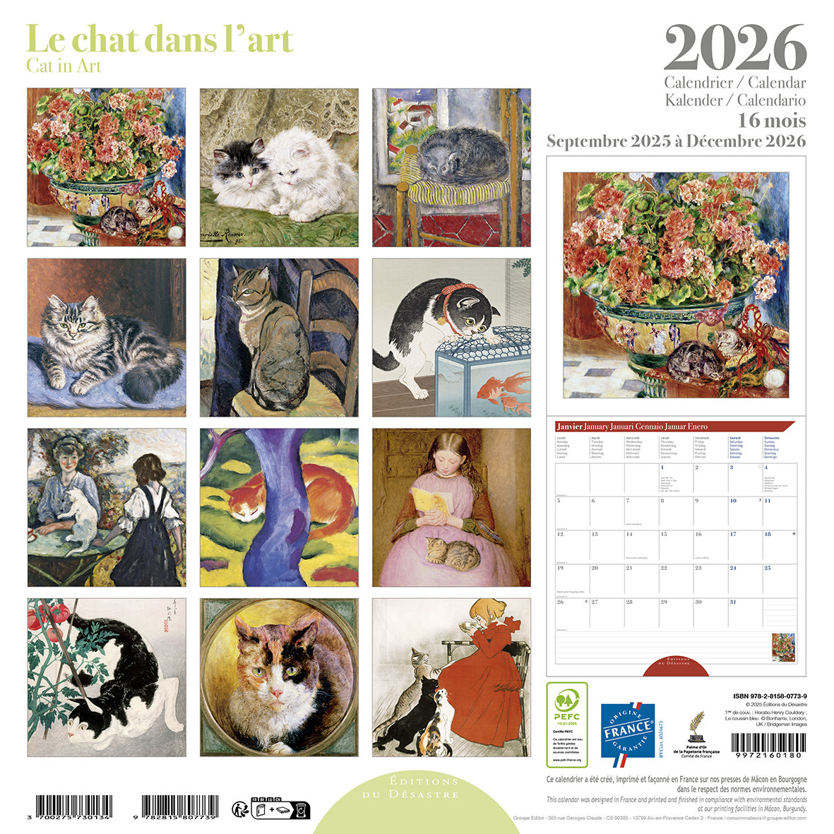 EDITIONS DU DESASTRE Calendrier 30x30cm 16 mois 2025-2026 Chats Dans L'Art