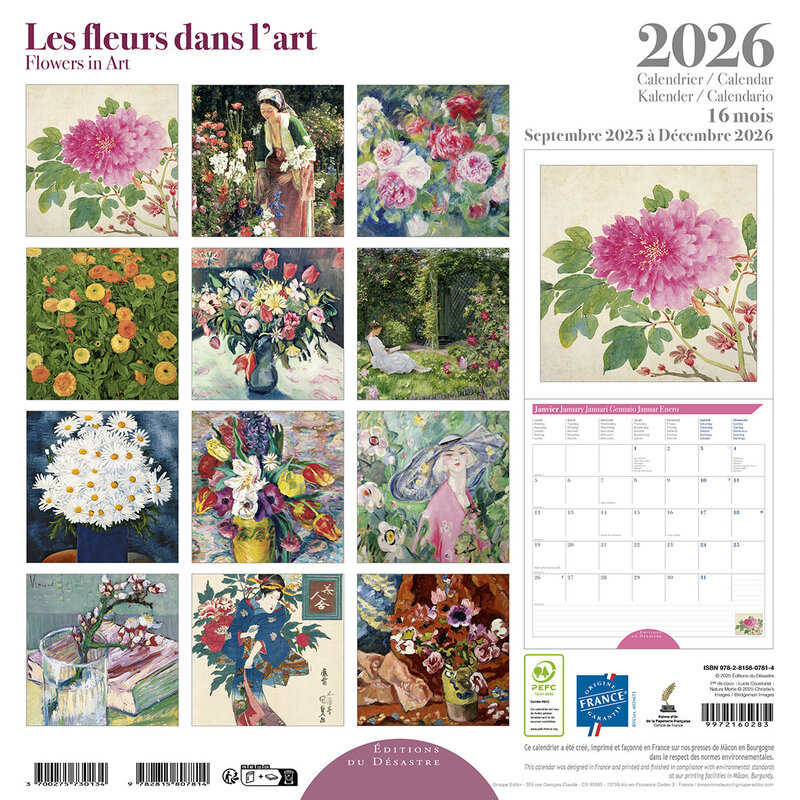 EDITIONS DU DESASTRE Calendrier 30x30cm 16 mois 2025-2026 Fleurs Dans L'Art