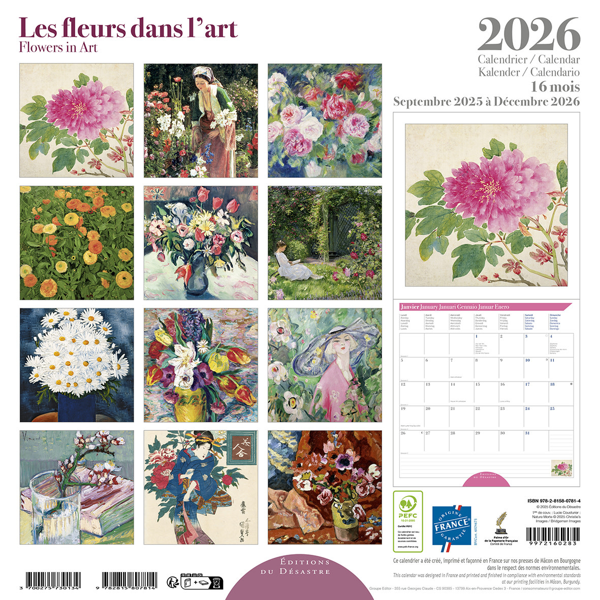EDITIONS DU DESASTRE Calendrier 30x30cm 16 mois 2025-2026 Fleurs Dans L'Art