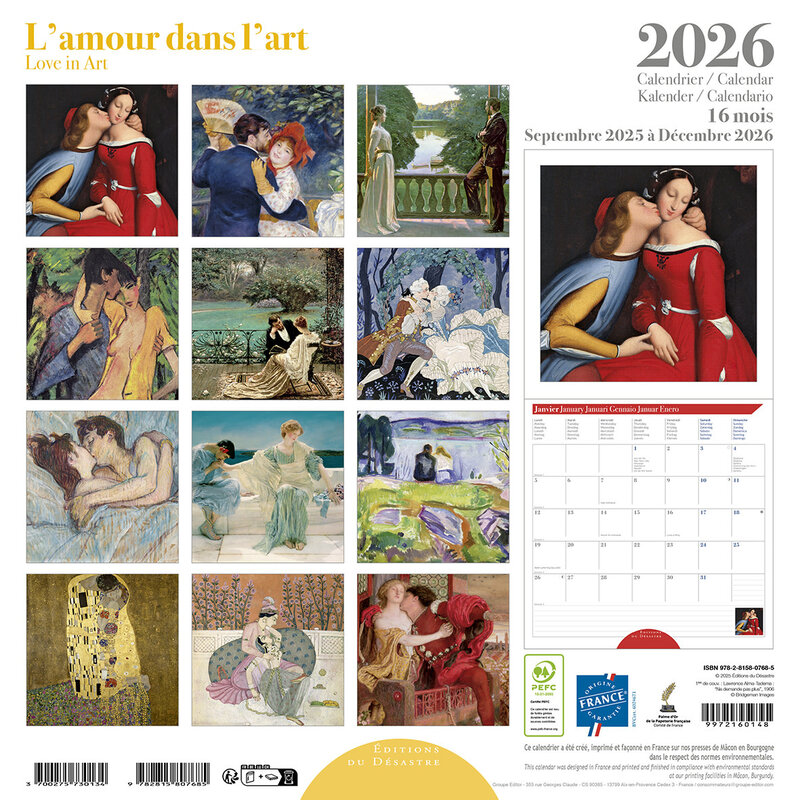 EDITIONS DU DESASTRE Calendrier 30x30cm 16 mois 2025-2026 Amour Dans L'Art