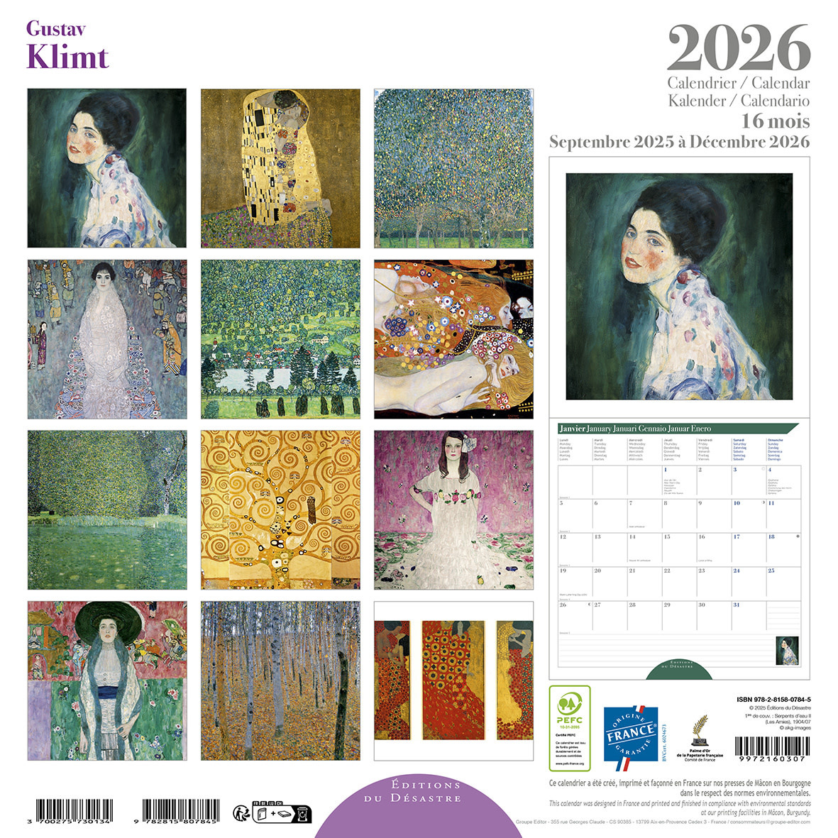 EDITIONS DU DESASTRE Calendrier 30x30cm 16 mois 2025-2026 Klimt