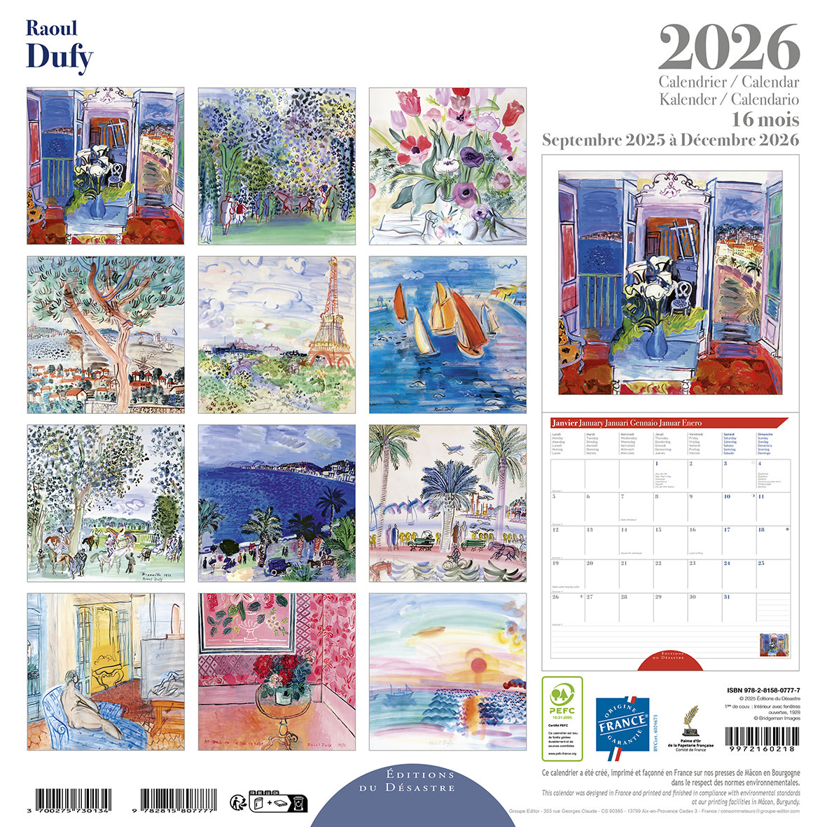 EDITIONS DU DESASTRE Calendrier 30x30cm 16 mois 2025-2026 Dufy