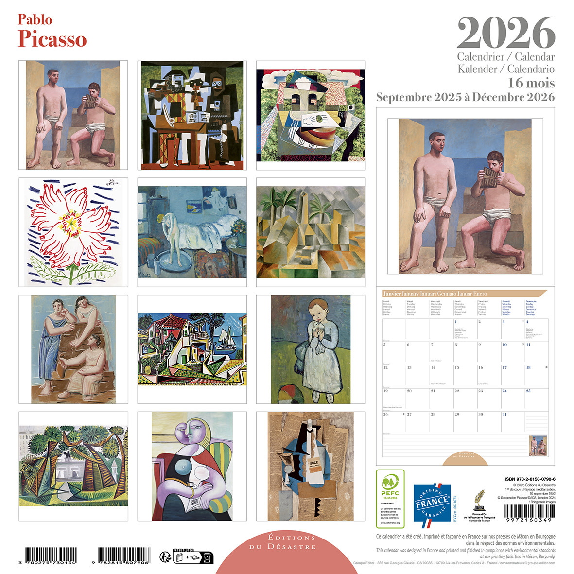 EDITIONS DU DESASTRE Calendrier 30x30cm 16 mois 2025-2026 Picasso