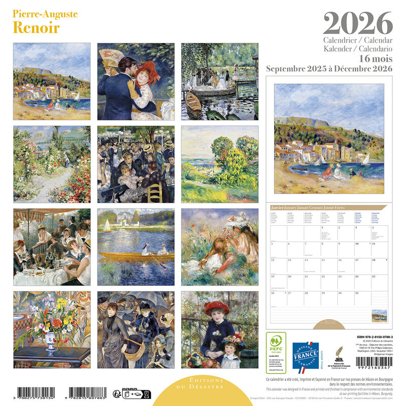 EDITIONS DU DESASTRE Calendrier 30x30cm 16 mois 2025-2026 Renoir