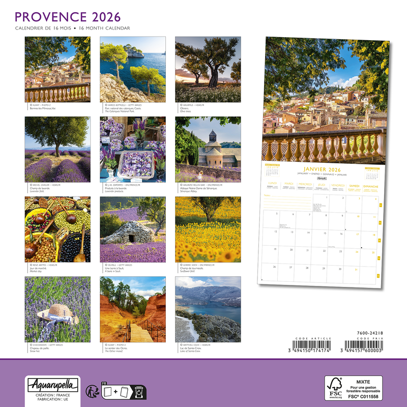 Calendriers 30x30cm 16 mois 2025-2026 Provence
