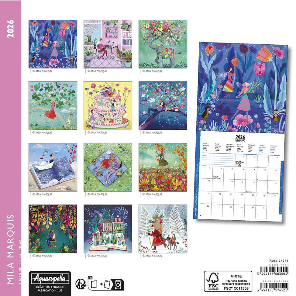 Calendriers 16x16cm 16 mois 2025-2026 Illustrations Mila Marquis