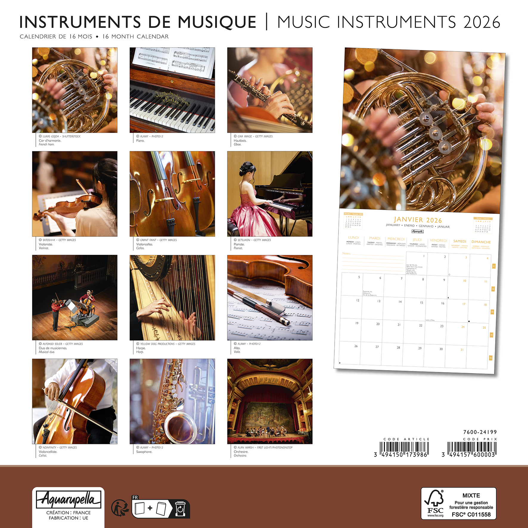 Calendriers 30x30cm 16 mois 2025-2026 Instruments de musique