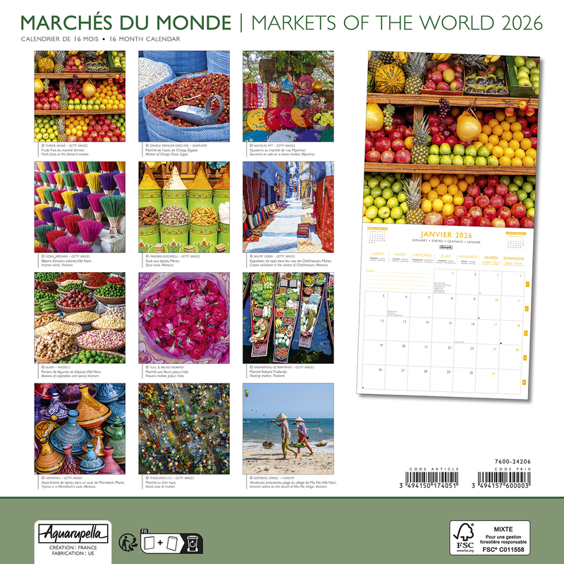 Calendriers 30x30cm 16 mois 2025-2026 Marchés du monde