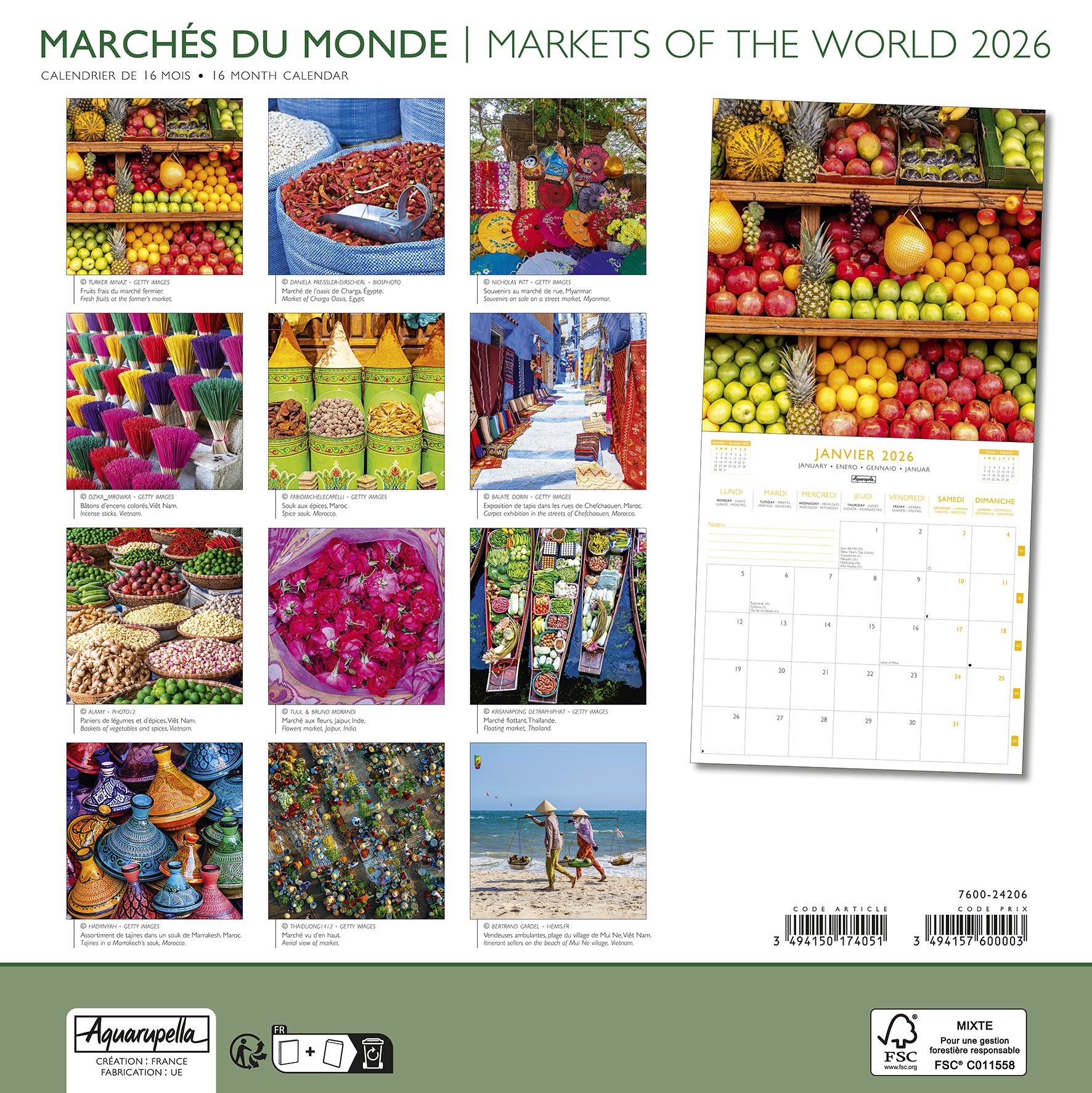 Calendriers 30x30cm 16 mois 2025-2026 Marchés du monde