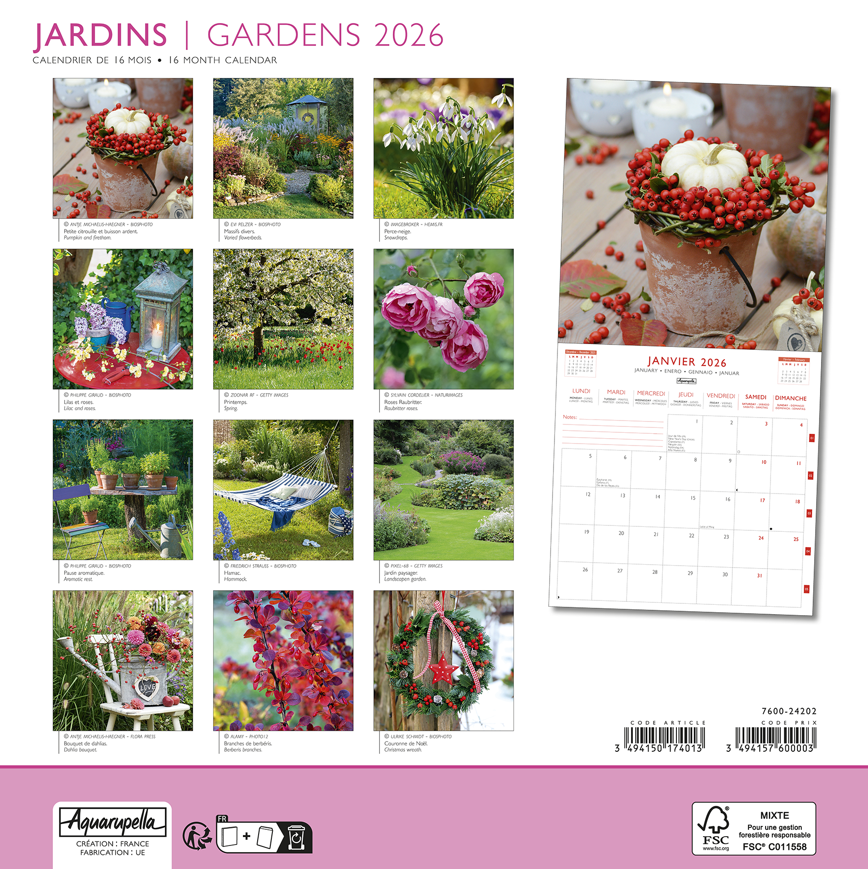 Calendriers 30x30cm 16 mois 2025-2026 Jardins