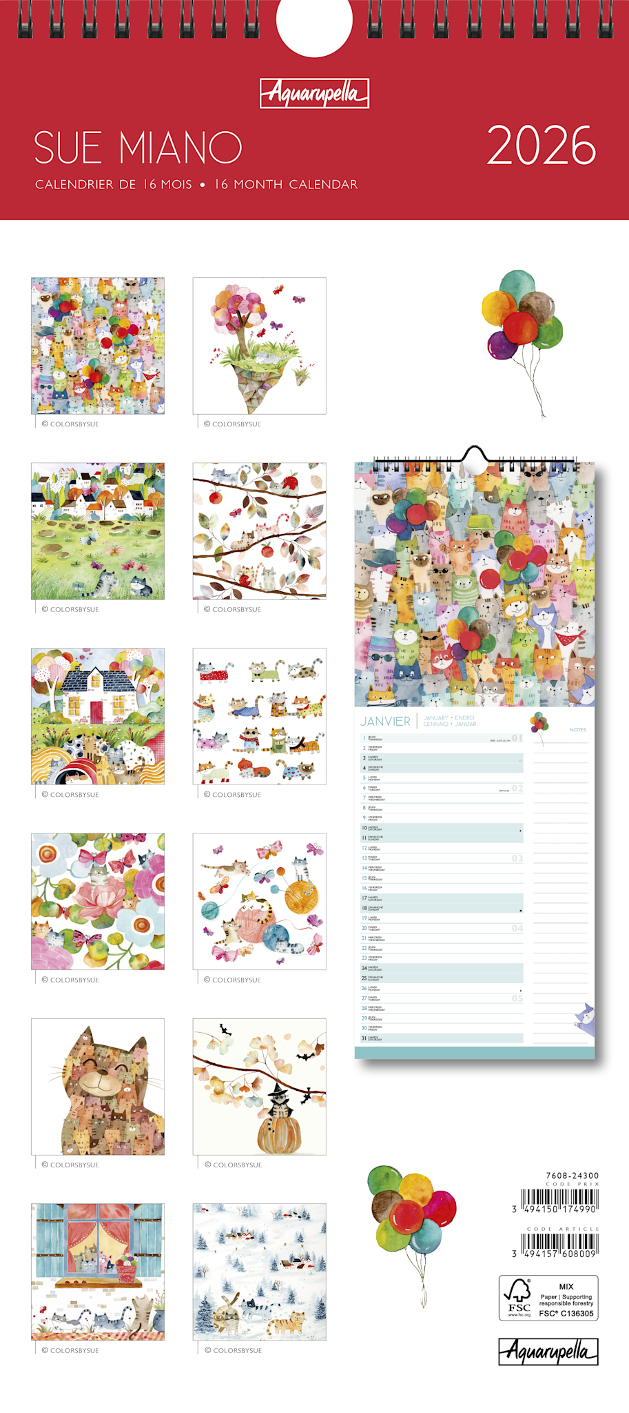Calendriers Longs 41x17cm 16 mois 2025-2026 Sue Miano