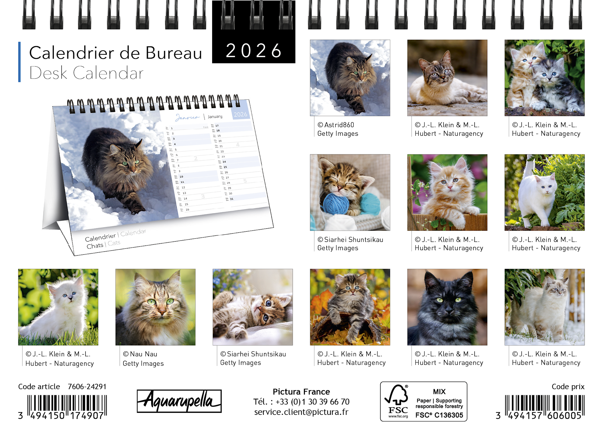 Calendriers Chevalet 16x18cm 16 mois 2025-2026 Chats