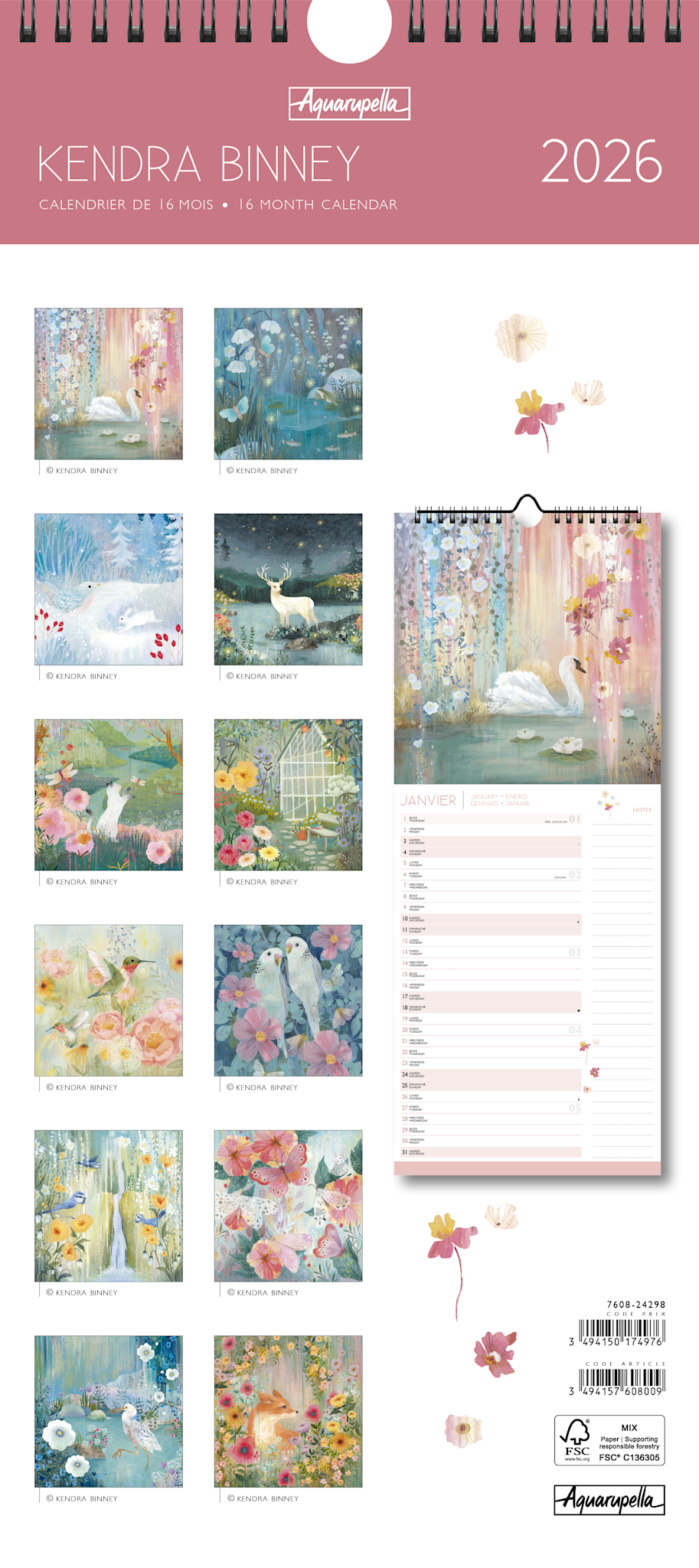 Calendriers Longs 41x17cm 16 mois 2025-2026 Kendra Binney