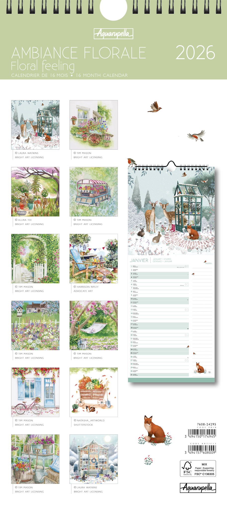 Calendriers Longs 41x17cm 16 mois 2025-2026 Ambiance florale