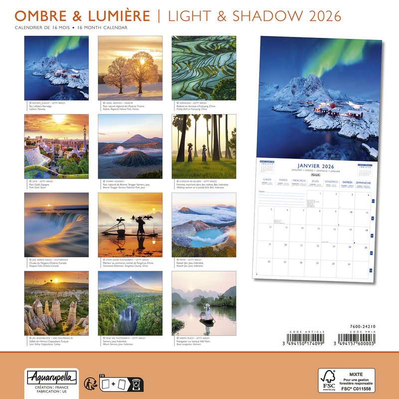 Calendriers 30x30cm 16 mois 2025-2026 Ombre et lumière