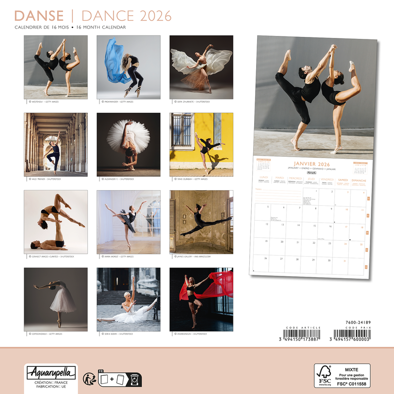 Calendriers 30x30cm 16 mois 2025-2026 Danse