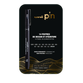 UNI-BALL Boite métal noir de 14 Feutres Uni Pin