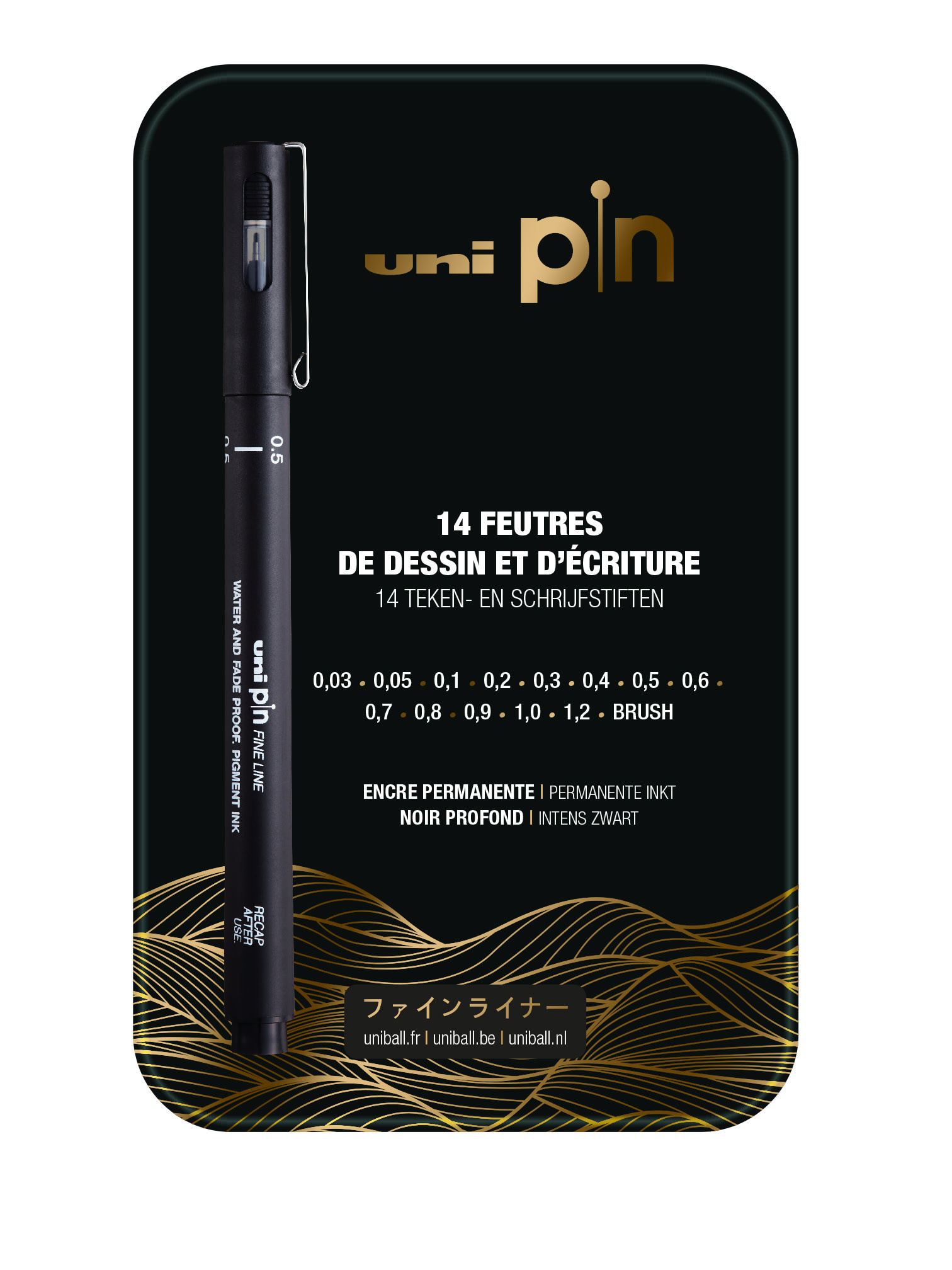 UNI-BALL Boite métal noir de 14 Feutres Uni Pin