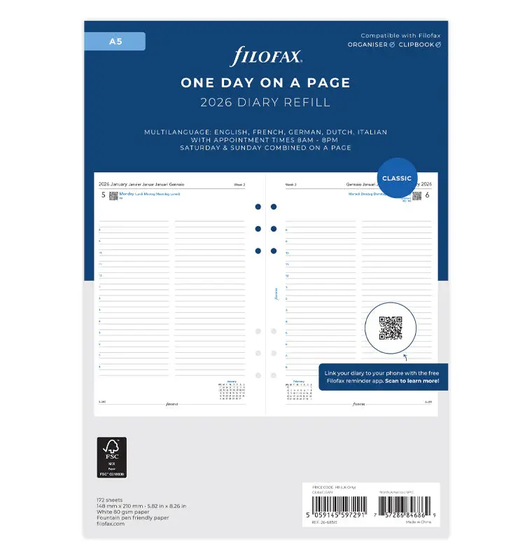 FILOFAX Recharge A5 2026 1 jour par Page Avec Heures Multilangue