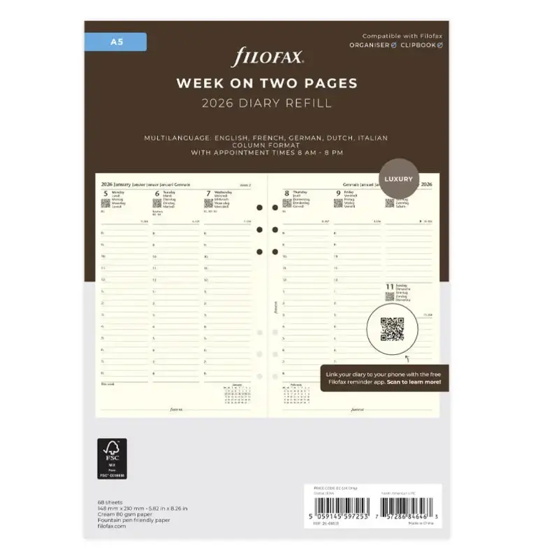 FILOFAX Recharge Semaine sur deux pages Crème - multilingue - A5 - 2026