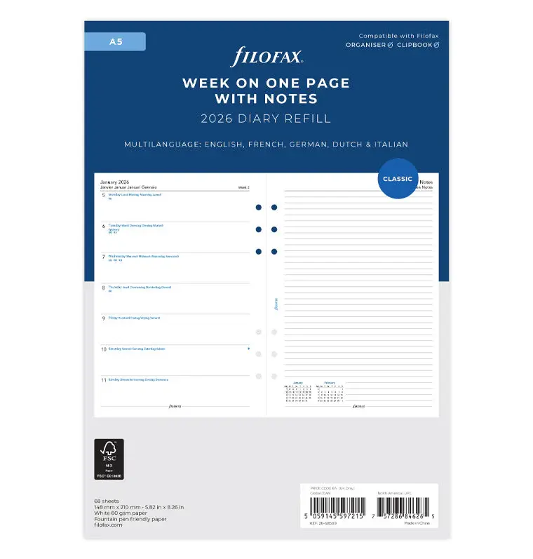 FILOFAX Recharge A5 2026 Semaine sur 1 page + page de notes Multilangue