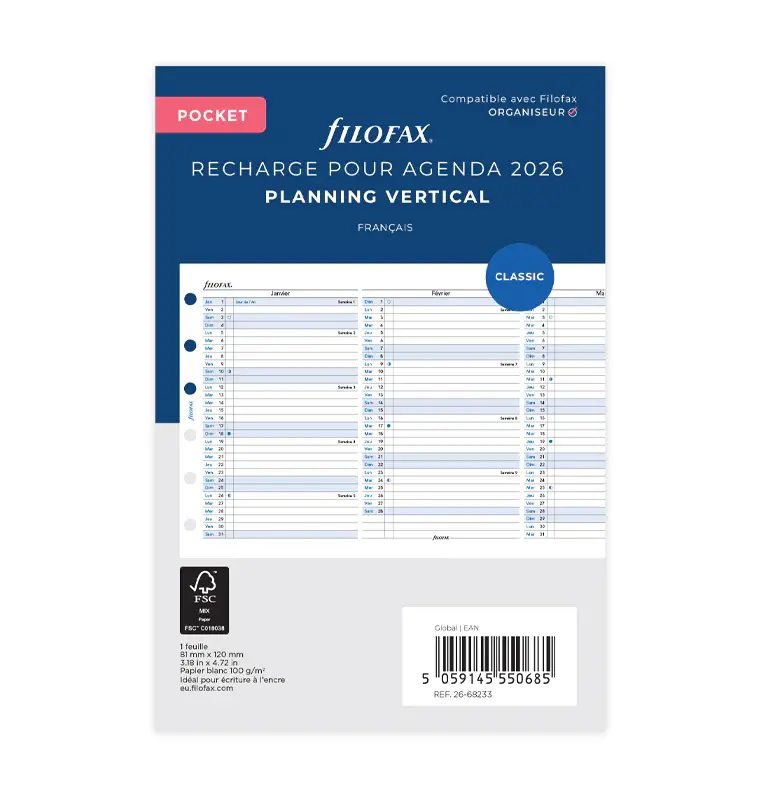 FILOFAX Recharge Pocket 2026 Planning Annuel Vertical Blanc Français