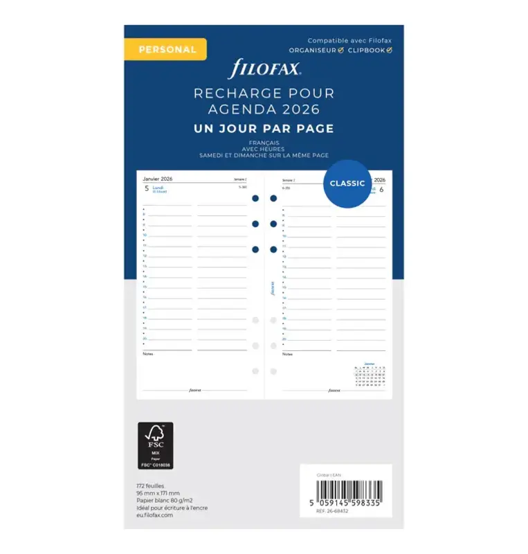 FILOFAX Recharge Personal 2026 1Jour/Page Heures Français