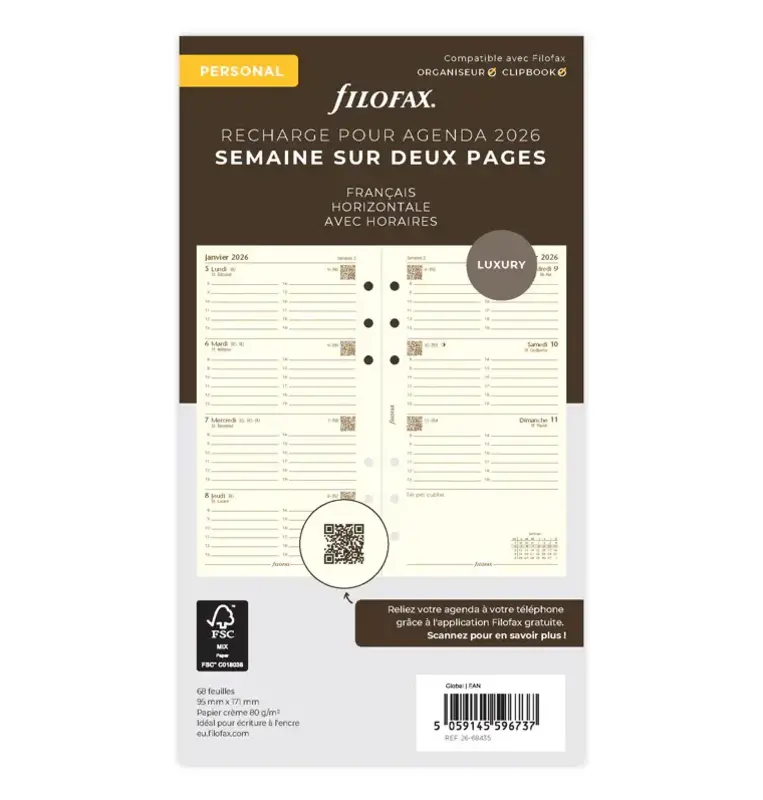 FILOFAX Recharge Personal 2026  Semainier sur 2 Pages Horizontal Heures Crème Français