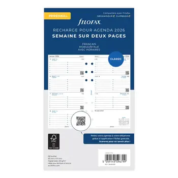 FILOFAX Recharge Personal 2026  Semainier Horizontal avec heures Français