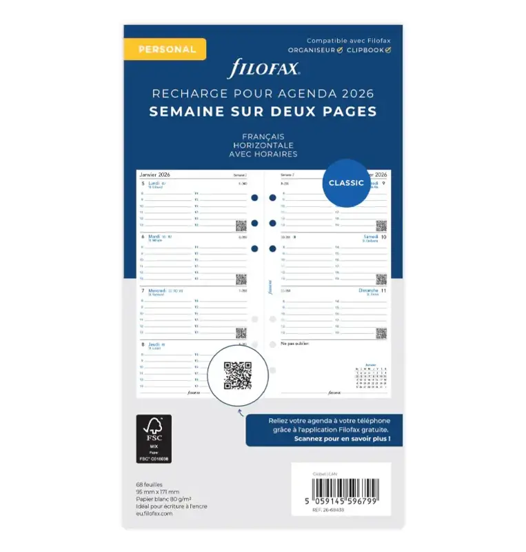 FILOFAX Recharge Personal 2026  Semainier Horizontal avec heures Français