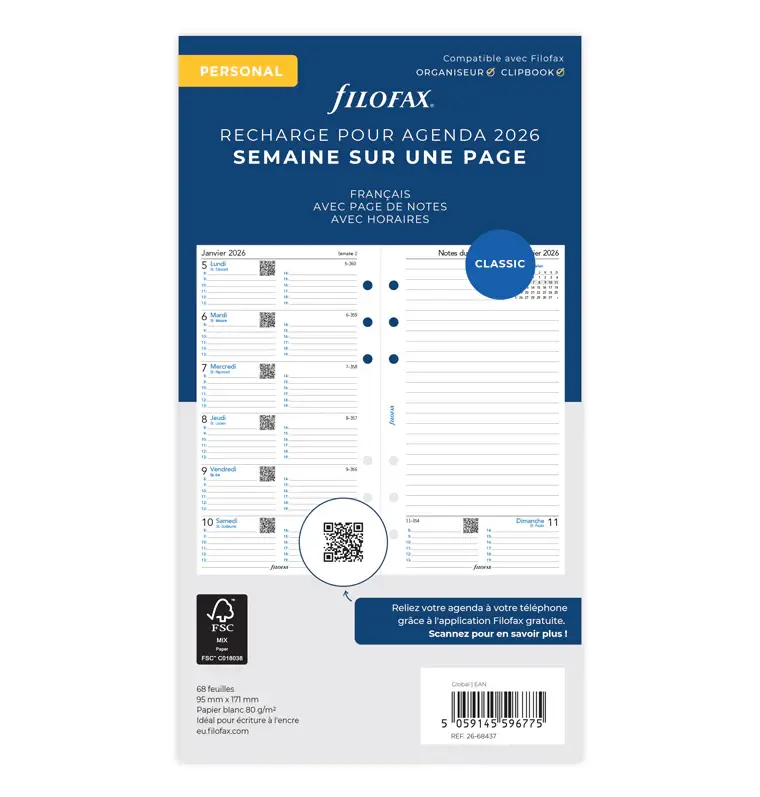 FILOFAX Recharge Personal 2026 semaine sur 1 page avec heures + page de notes français
