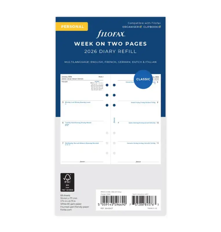 FILOFAX Recharge Personal 2026 semainier horizontal sur 2 pages Multilangue