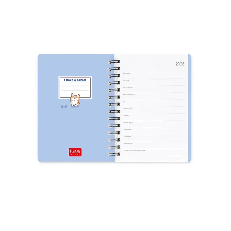LEGAMI Agenda 12 Mois - 2026 - Small Weekly Spiral Bound - Corgi