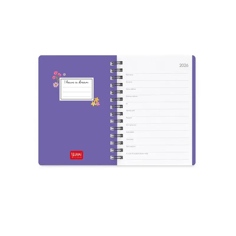 LEGAMI Agenda 12 Mois - 2026 - Small Weekly Spiral Bound - Flowers