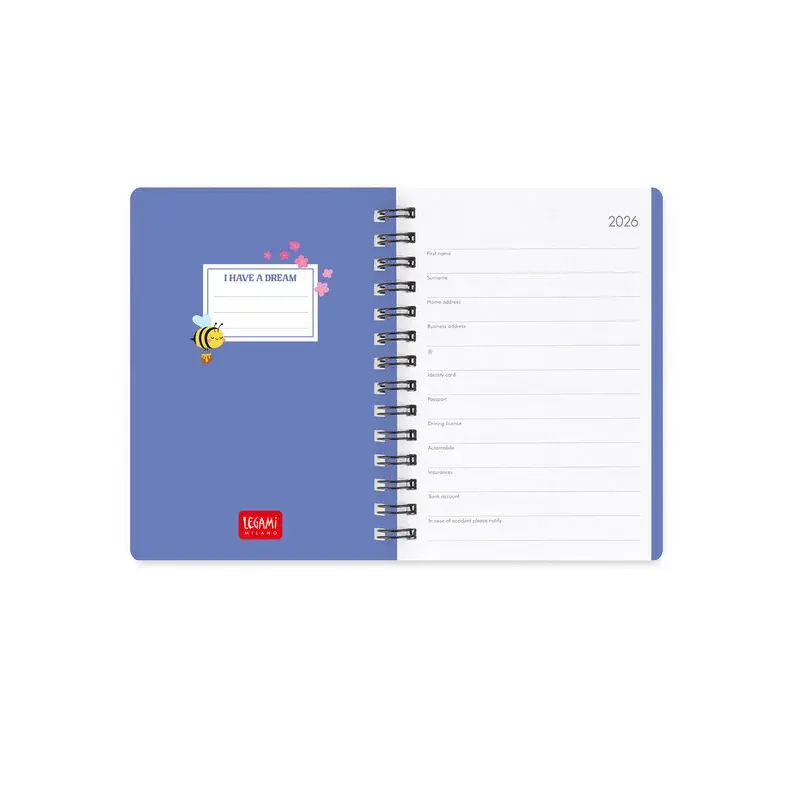 LEGAMI Agenda 12 Mois - 2026 - Small Weekly Spiral Bound - Bee