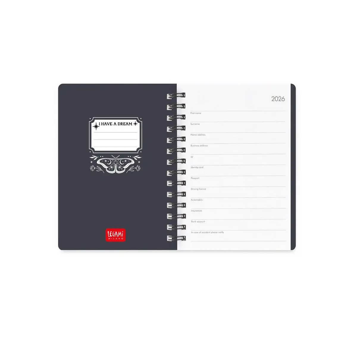 LEGAMI Agenda 12 Mois - 2026 - Small Weekly Spiral Bound - Moth