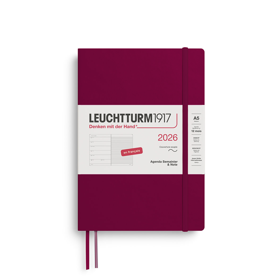 LEUCHTTURM 1917 Agenda Semainier & Carnet de notes Medium (A5) 2026 Port Red Couverture souple Français