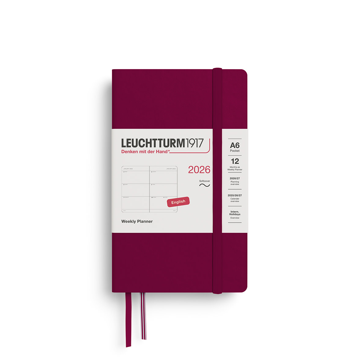 LEUCHTTURM 1917 Agenda Semainier Horizontal Pocket (A6) 2026 Port Red Couverture souple Anglais