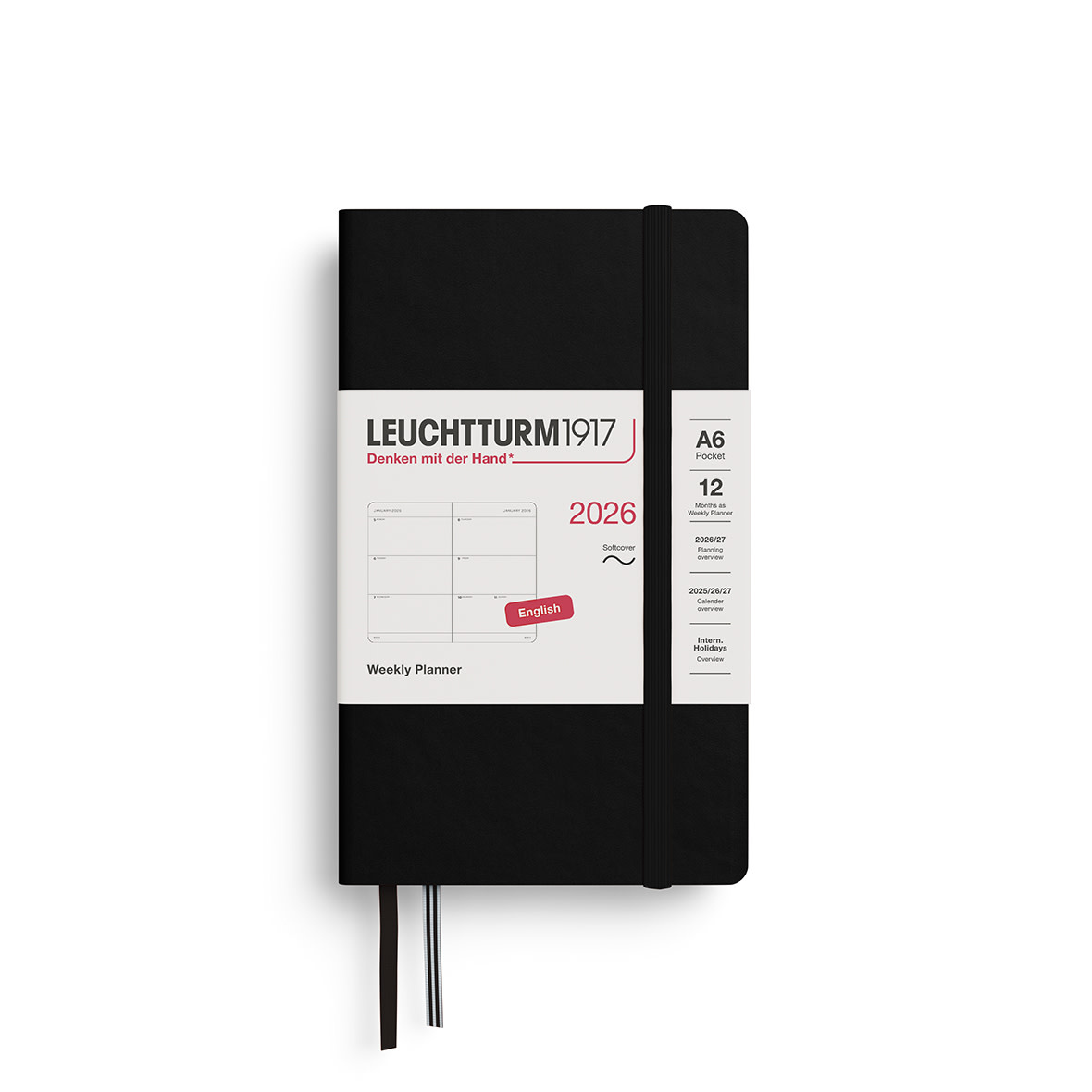 LEUCHTTURM 1917 Agenda Semainier Horizontal Pocket (A6) 2026 Noir Couverture souple Anglais