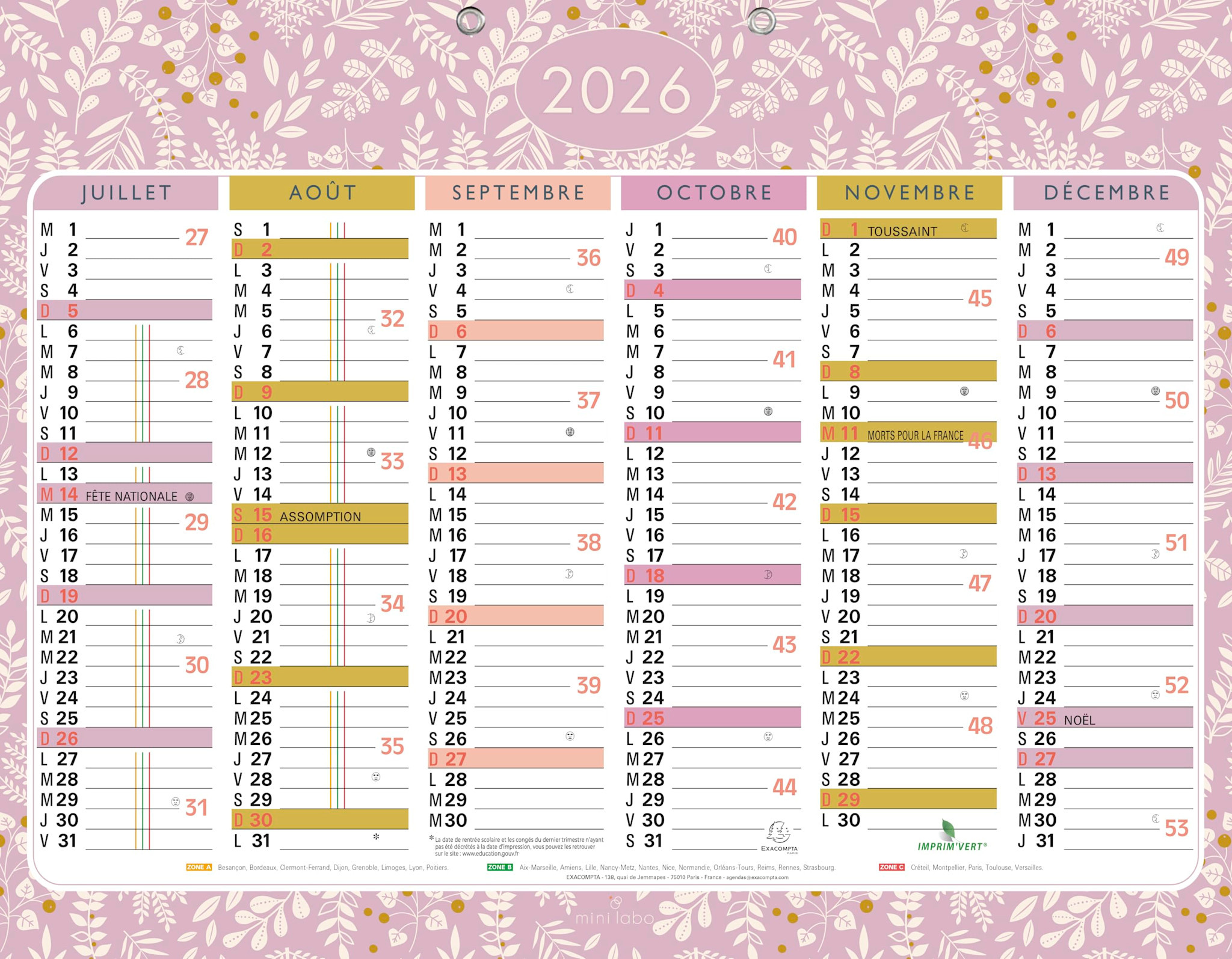 EXACOMPTA Calendrier Mini Labo avec décor recto-verso 43 x 33,5 cm Semestriel 2026 - Visuel